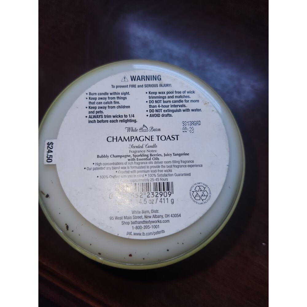Bath & Body Works Champagne Toast 3-Wick Candle White Barn 14.5oz Used - Picture 5 of 6